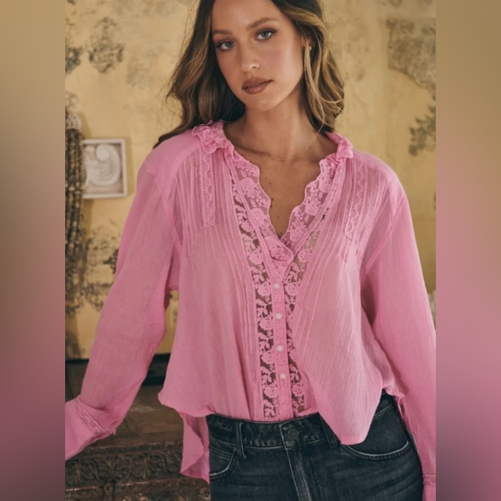 Free People Pink Lace Pleated Button Down Clemence Top